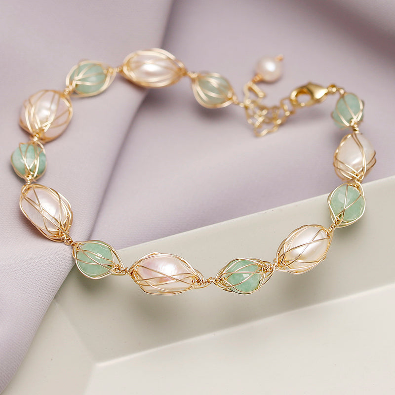 Designer Handmade Genuine White and Mint Freshwater Pearl Bracelet-0