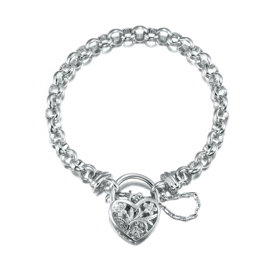 925 Sterling Silver Plated 6mm Belcher Chain Bracelet with a Filigree Locket- USA Made-0
