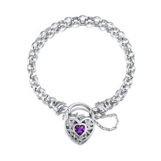 925 Sterling Silver Plated 6mm Belcher Chain Bracelet with a Purple Filigree Locket - USA Made-0