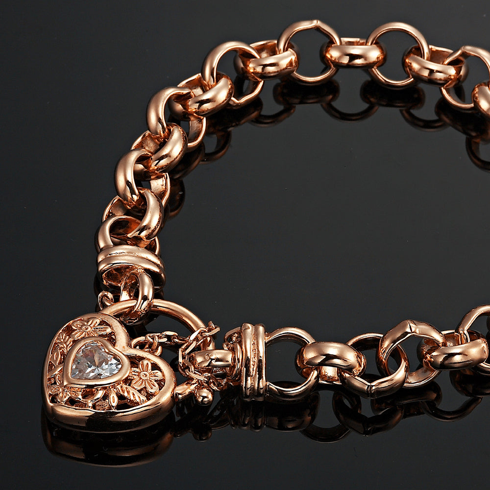 18ct Heavy Rose Gold Plated Belcher Chain Bracelet with a Filigree Locket Featuring a Simulated Diamond - USA Made-2