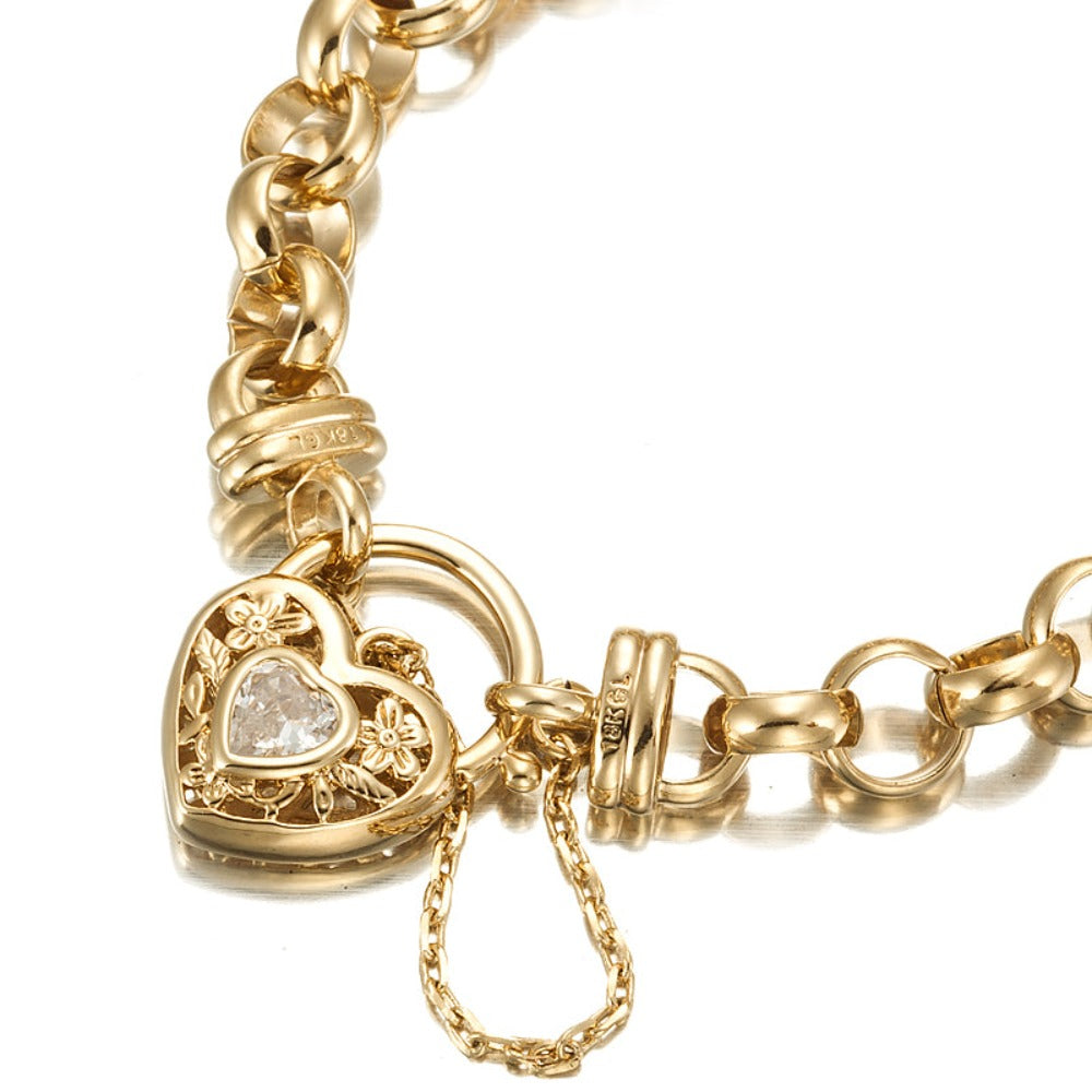 18ct Heavy Yellow Gold Plated Belcher Chain Bracelet with a Filigree Locket Featuring a Simulated Diamond - USA Made-0