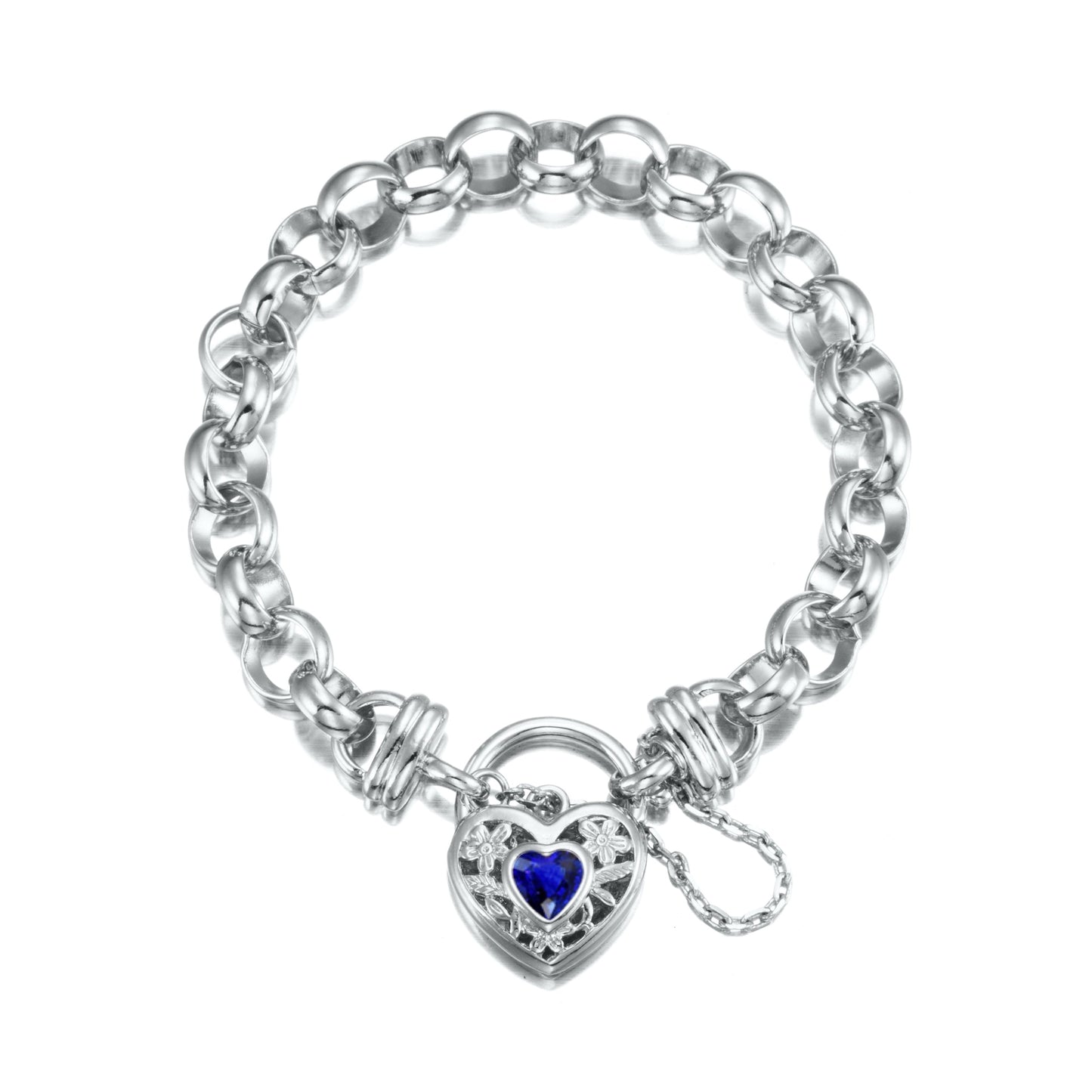 925 Sterling Silver Plated  10mm Belcher Chain Bracelet with a Dark Blue Filigree Locket - USA Made-0