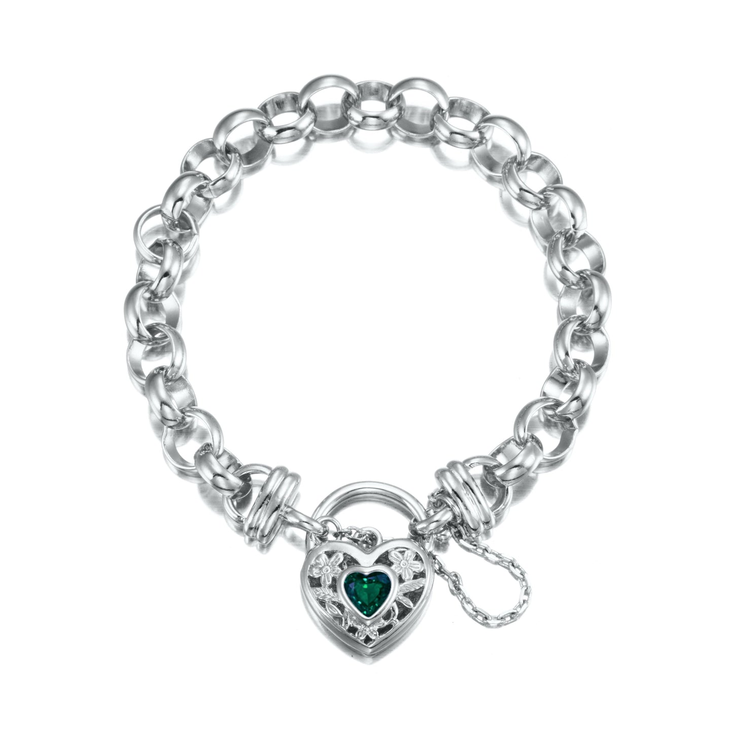 925 Sterling Silver Plated  10mm Belcher Chain Bracelet with a Green Filigree Locket - USA Made-0