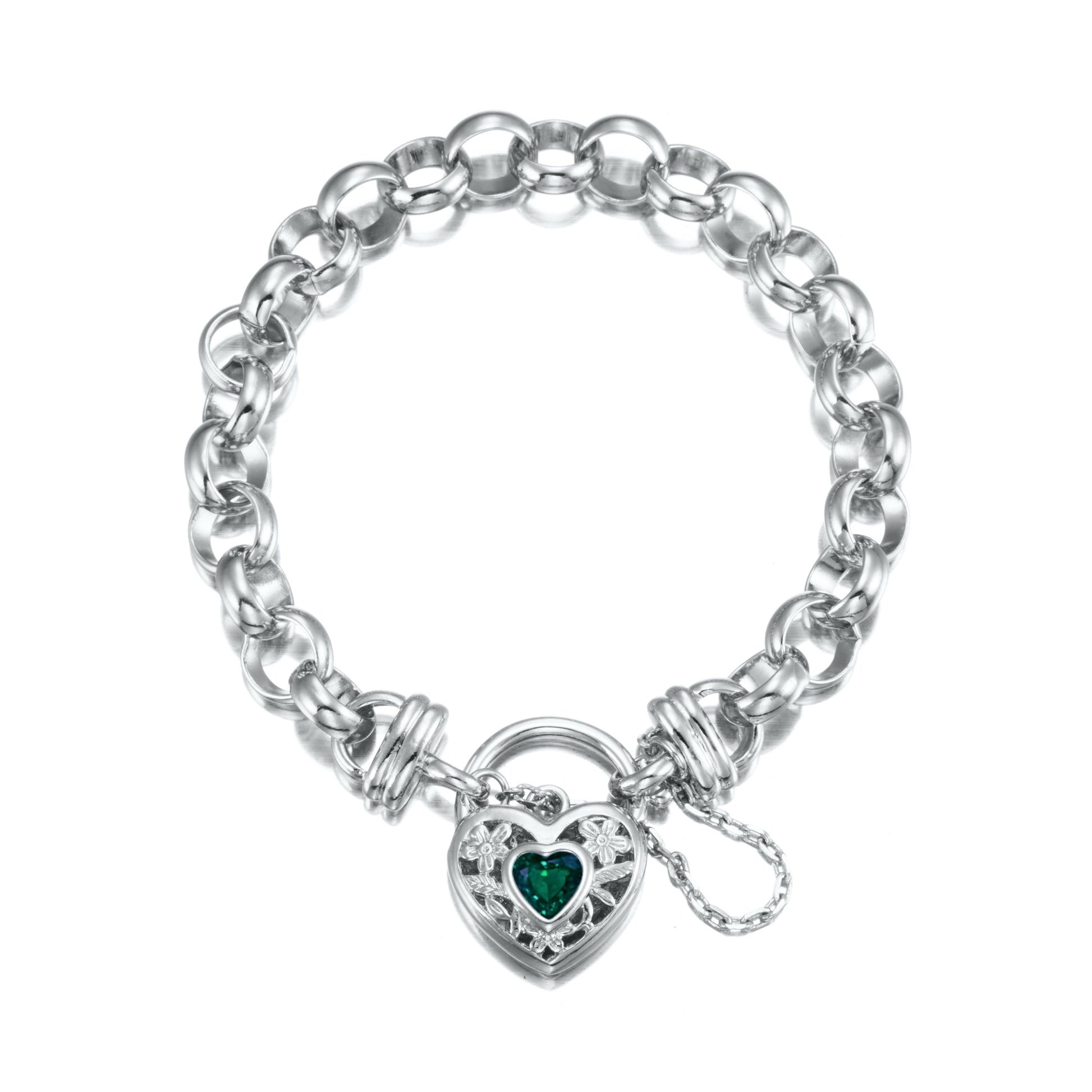 925 Sterling Silver Plated  10mm Belcher Chain Bracelet with a Green Filigree Locket - USA Made-0