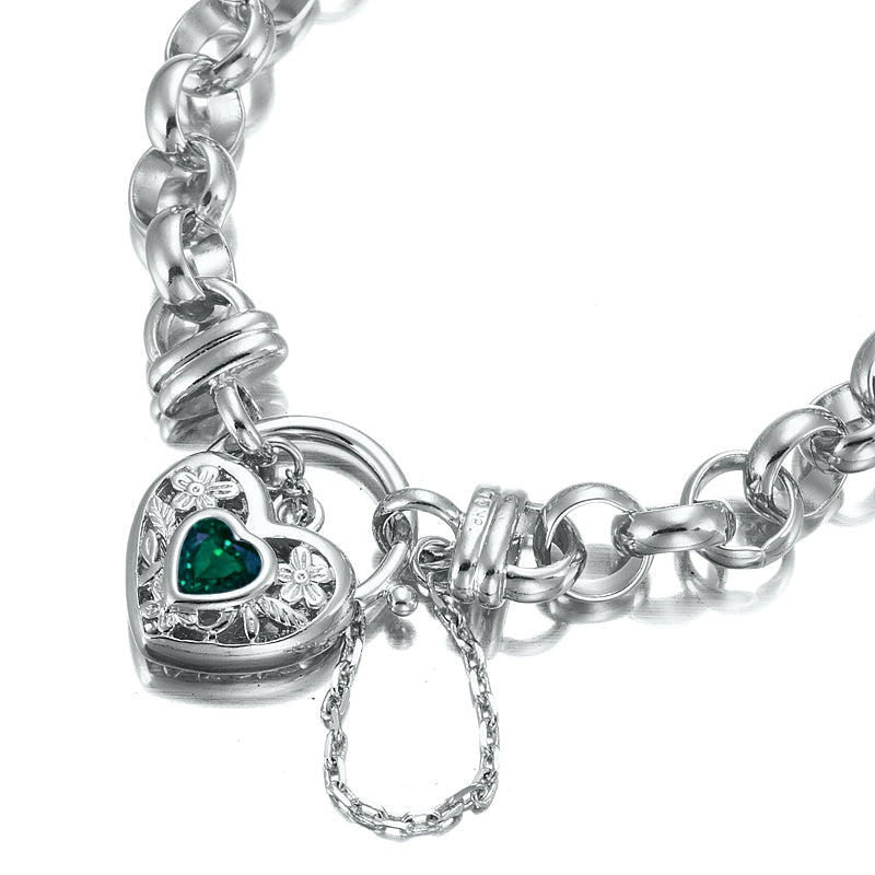925 Sterling Silver Plated  10mm Belcher Chain Bracelet with a Green Filigree Locket - USA Made-1