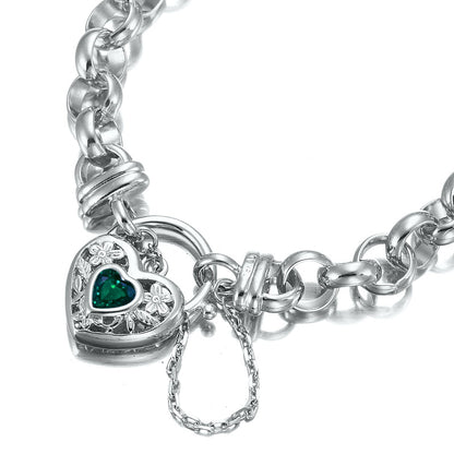 925 Sterling Silver Plated  10mm Belcher Chain Bracelet with a Green Filigree Locket - USA Made-1