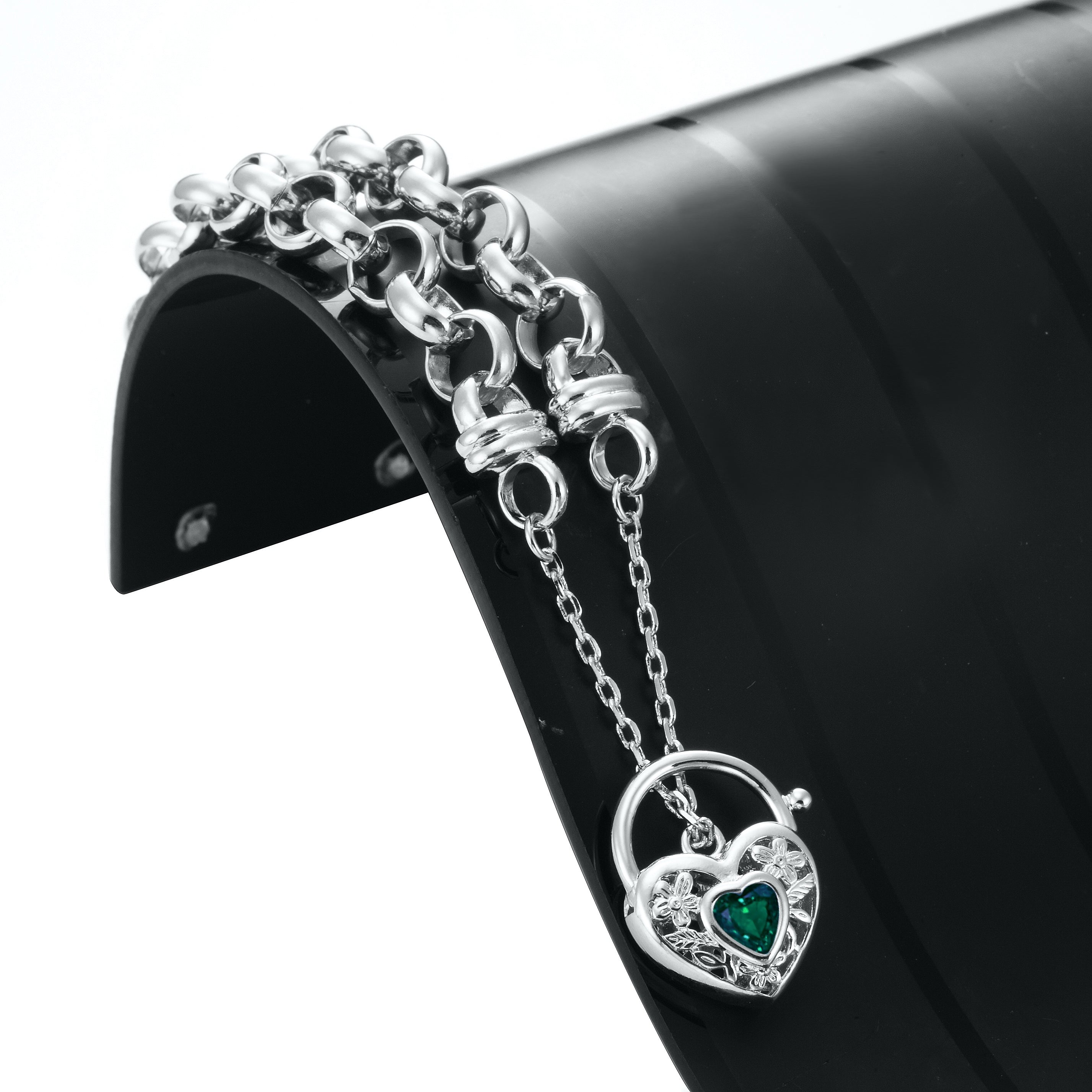925 Sterling Silver Plated  10mm Belcher Chain Bracelet with a Green Filigree Locket - USA Made-2
