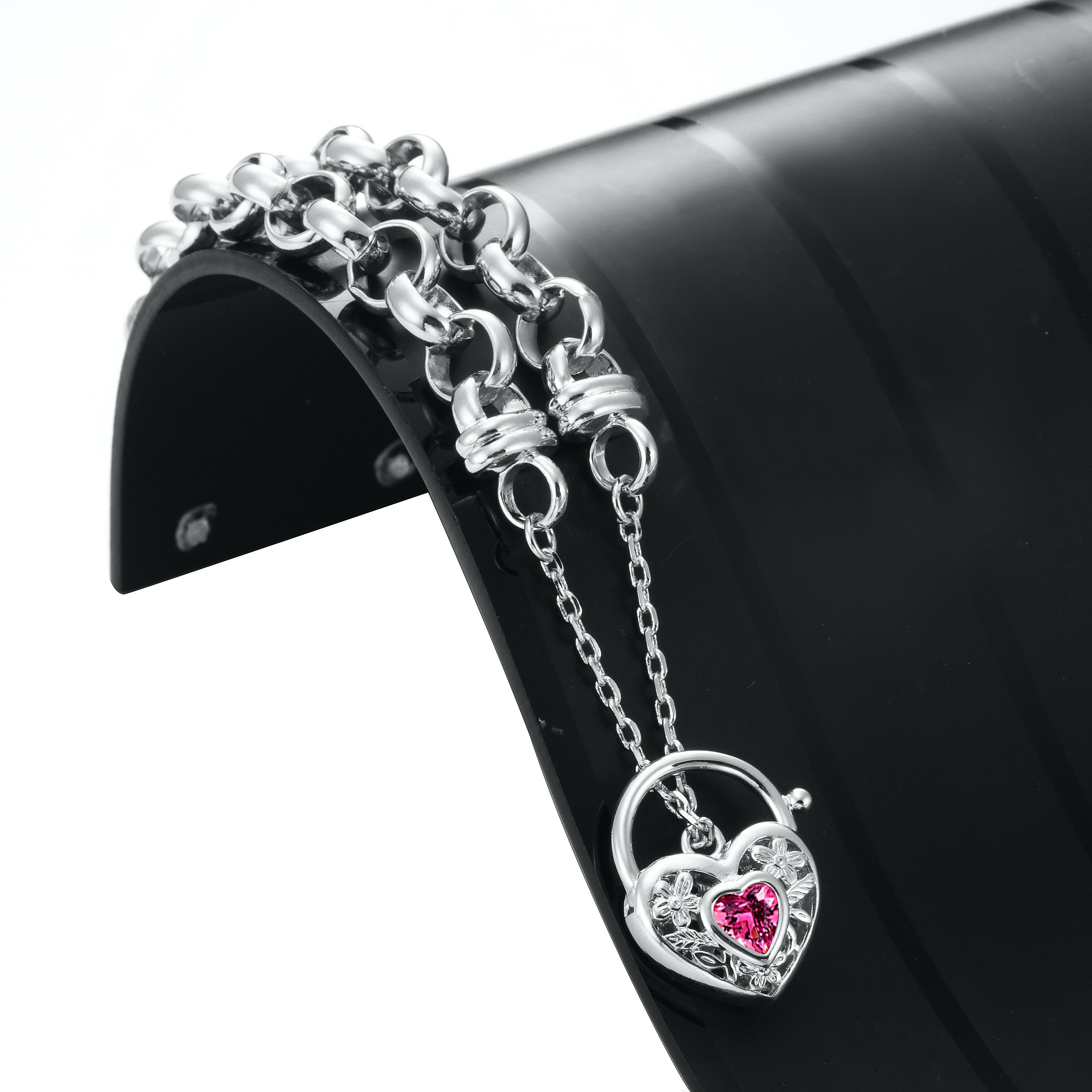 925 Sterling Silver Plated  10mm Belcher Chain Bracelet with a Pink Filigree Locket - USA Made-2