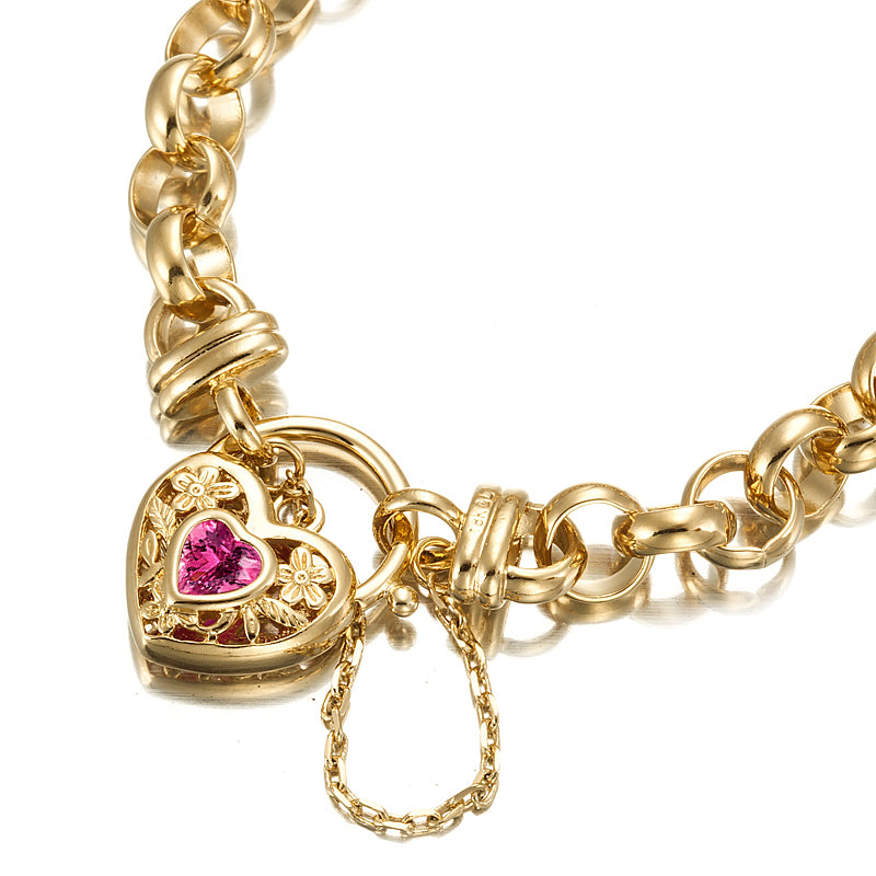 18ct Heavy Yellow Gold Plated  10mm Belcher Chain Bracelet with a Pink Filigree Locket - USA Made-1
