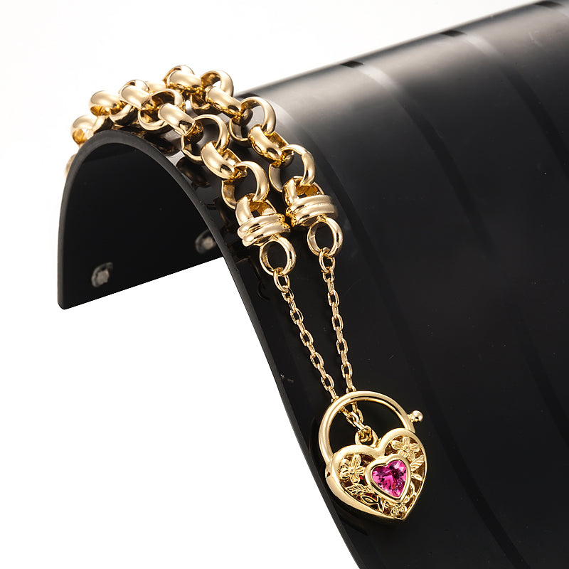 18ct Heavy Yellow Gold Plated  10mm Belcher Chain Bracelet with a Pink Filigree Locket - USA Made-2