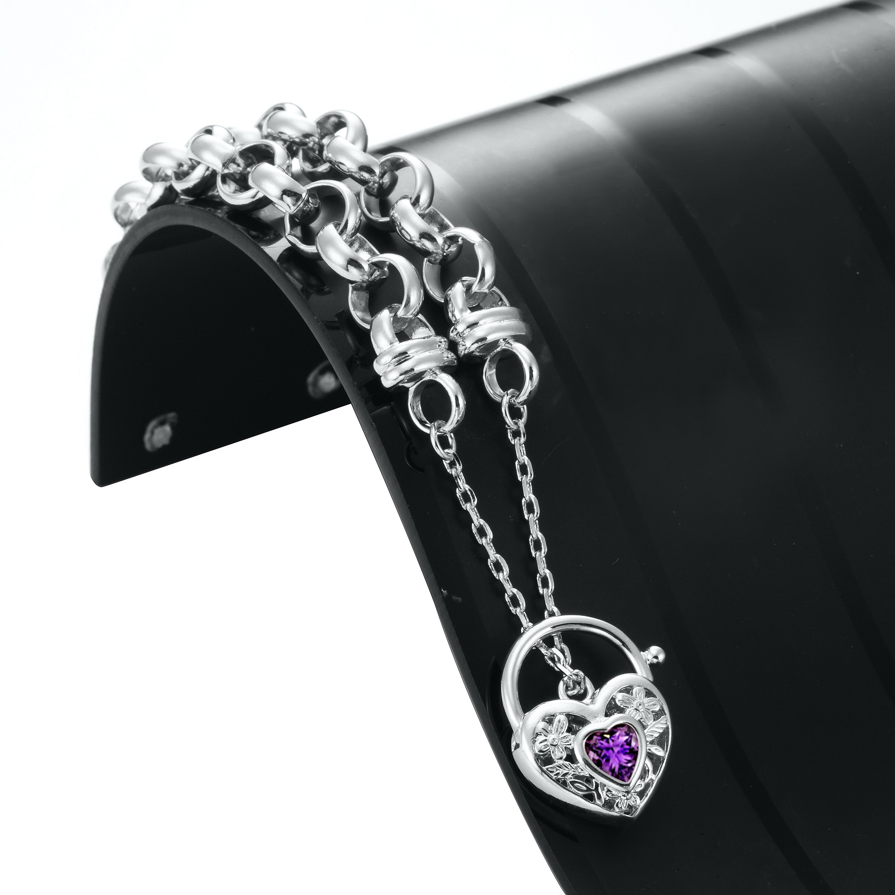 925 Sterling Silver Plated  10mm Belcher Chain Bracelet with a Purple Filigree Locket - USA Made-1