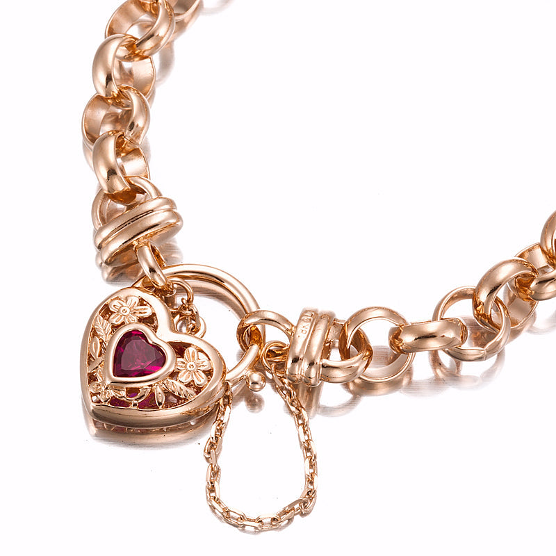 18ct Heavy Rose Gold Plated  10mm Belcher Chain Bracelet with a Filigree Locket Featuring a Simulated Ruby - USA Made-1