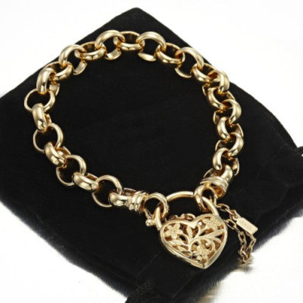 18ct Heavy Yellow Gold Plated 10mm Belcher Bracelet Featuring a Filigree Locket - USA Made-1
