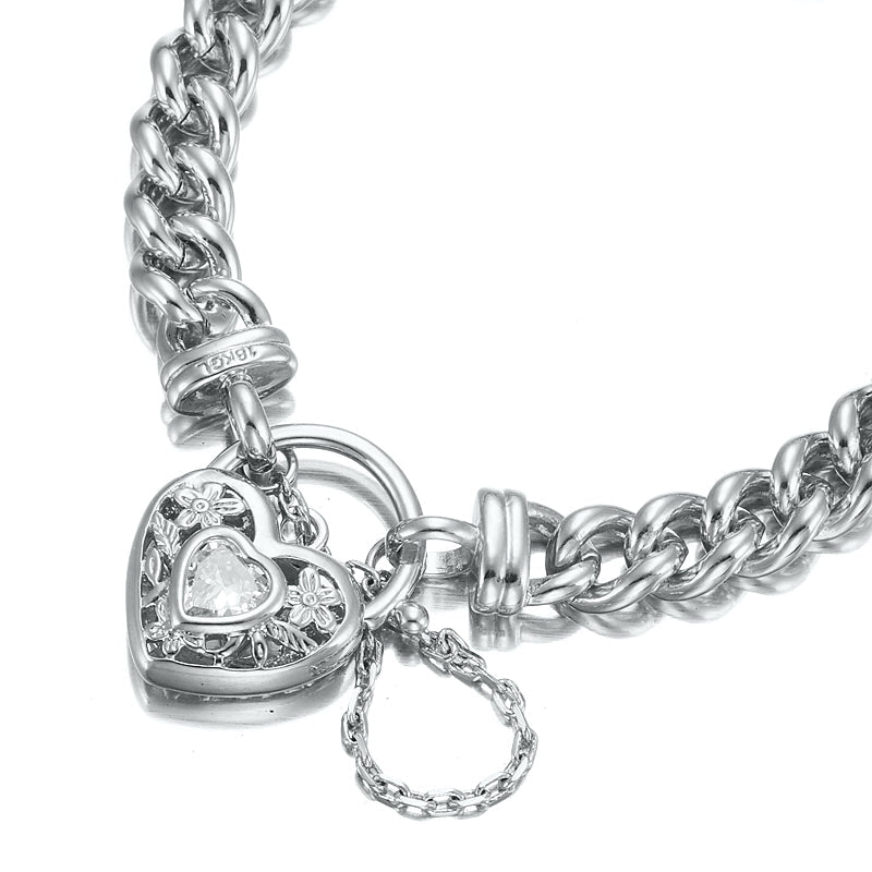925 Sterling Silver Plated  Euro Chain Bracelet with a Filigree Locket Featuring a Simulated Diamond - USA Made-4
