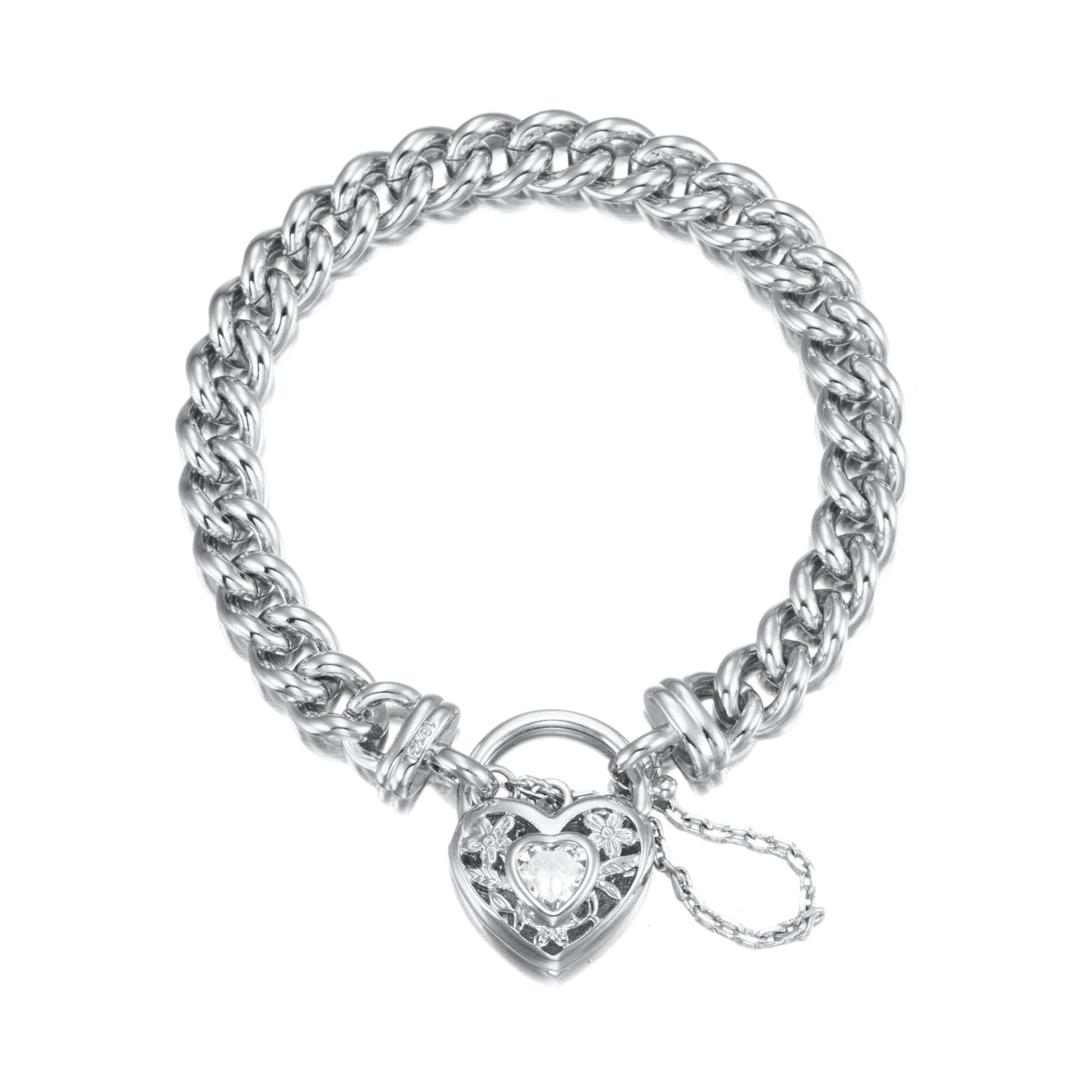 925 Sterling Silver Plated  Euro Chain Bracelet with a Filigree Locket Featuring a Simulated Diamond - USA Made-0