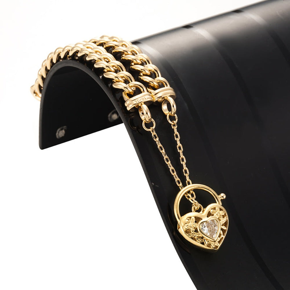 18ct Heavy Yellow Gold Plated  Euro Chain Bracelet with a Filigree Locket Featuring a Simulated Diamond - USA Made-2