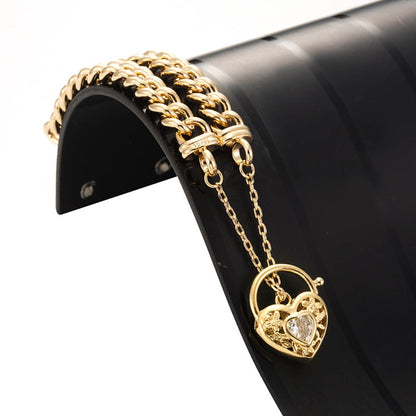 18ct Heavy Yellow Gold Plated  Euro Chain Bracelet with a Filigree Locket Featuring a Simulated Diamond - USA Made-2