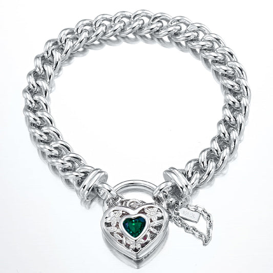 925 Sterling Silver Plated  Euro Chain Bracelet with a Green Filigree Locket - USA Made-0