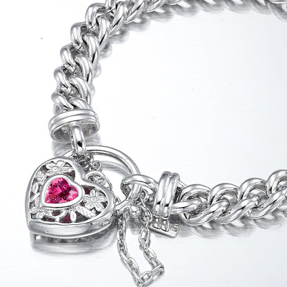 925 Sterling Silver Plated  Euro Chain Bracelet with a Pink Filigree Locket - USA Made-2