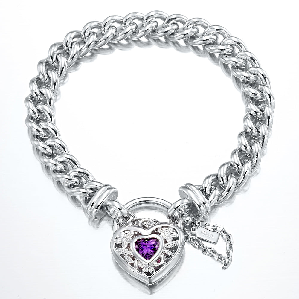 925 Sterling Silver Plated  Euro Chain Bracelet with a Purple Filigree Locket - USA Made-0