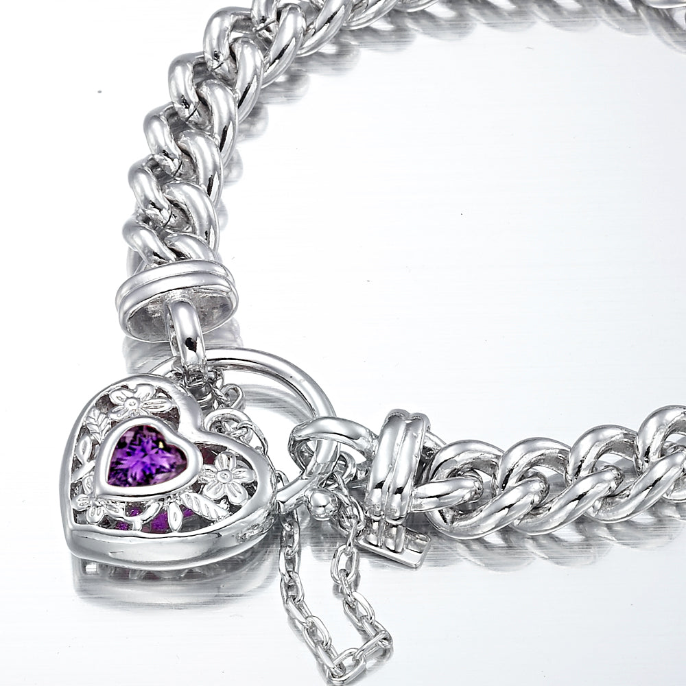925 Sterling Silver Plated  Euro Chain Bracelet with a Purple Filigree Locket - USA Made-2