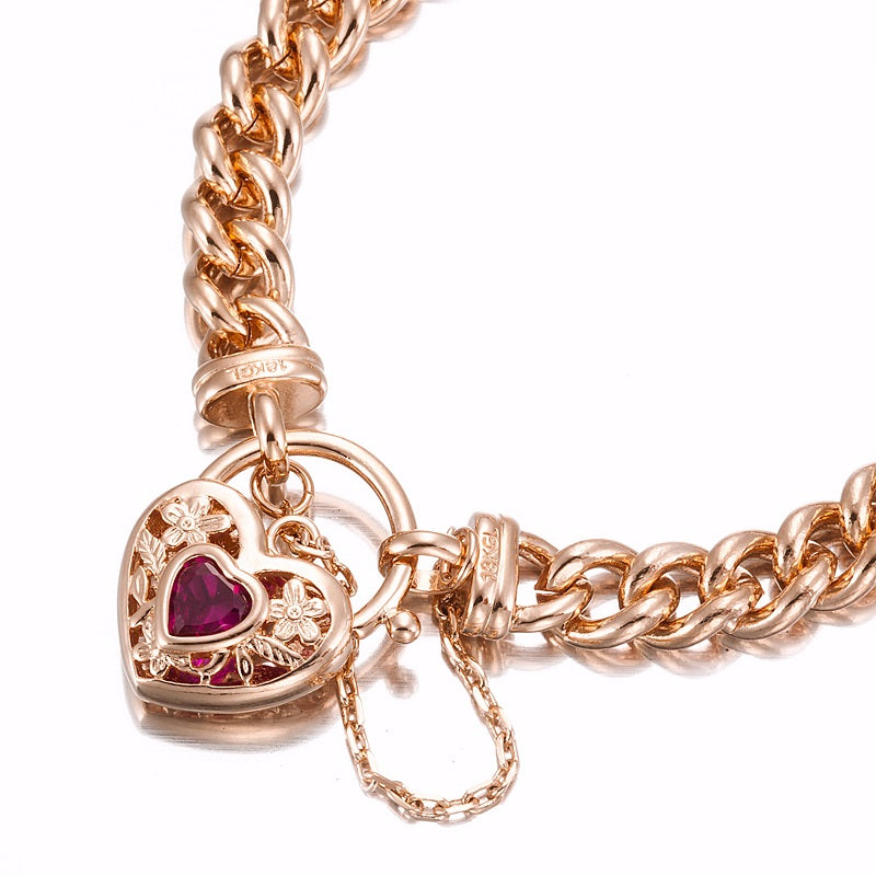 18ct Heavy Rose Gold Plated Euro Chain Bracelet with a Filigree Locket Featuring a Simulated Ruby - USA Made-0
