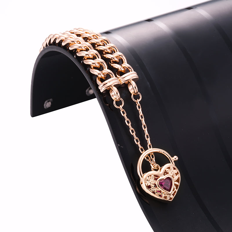 18ct Heavy Rose Gold Plated Euro Chain Bracelet with a Filigree Locket Featuring a Simulated Ruby - USA Made-1
