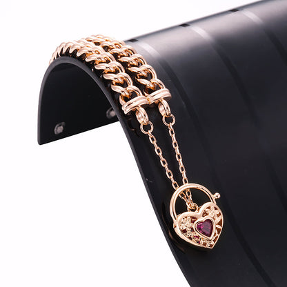 18ct Heavy Rose Gold Plated Euro Chain Bracelet with a Filigree Locket Featuring a Simulated Ruby - USA Made-1