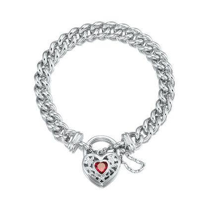 925 Sterling Silver Plated  Euro Chain Bracelet with a Filigree Locket Featuring a Simulated Ruby - USA Made-3