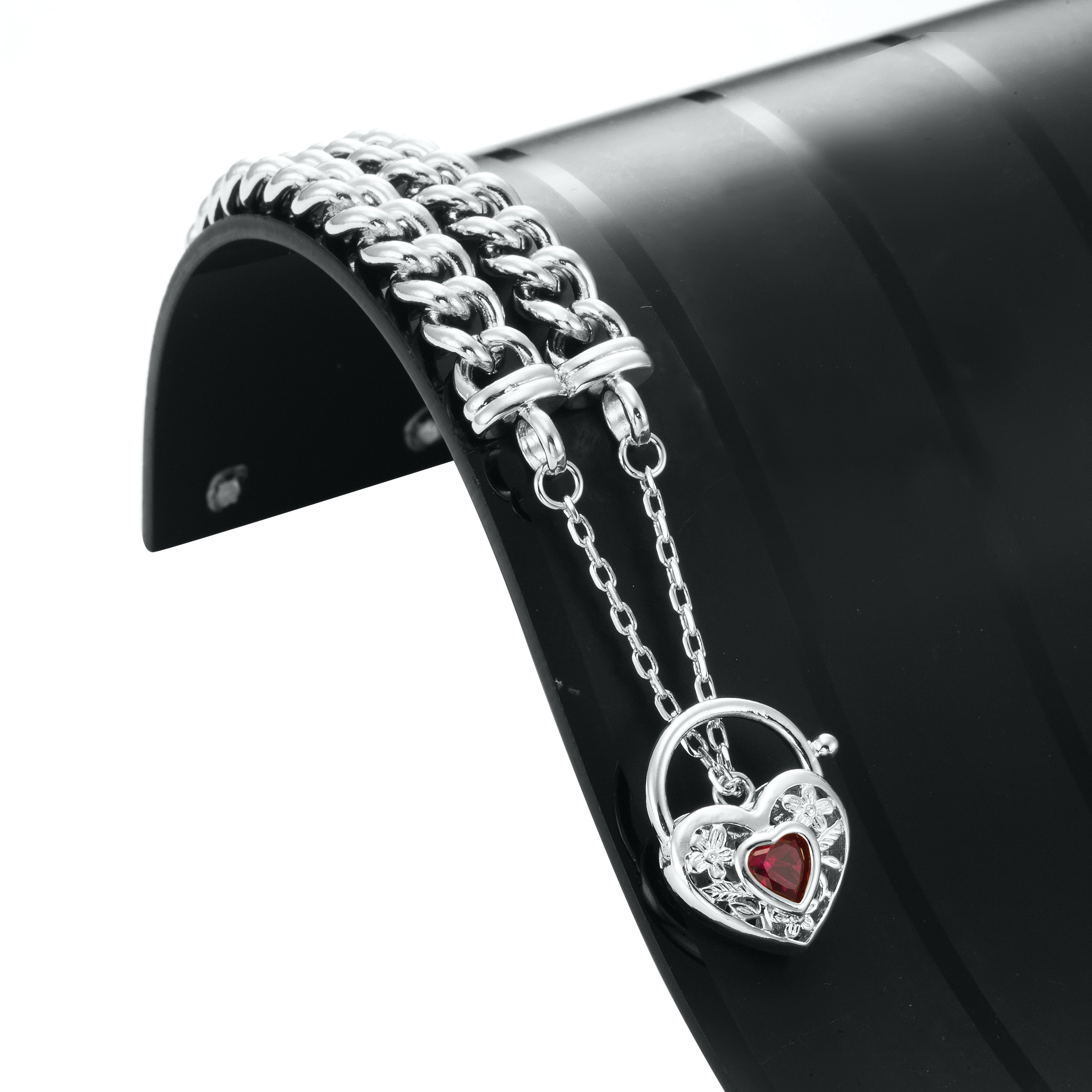 925 Sterling Silver Plated  Euro Chain Bracelet with a Filigree Locket Featuring a Simulated Ruby - USA Made-2