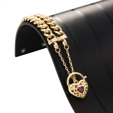 18ct Heavy Yellow Gold Plated  Euro Chain Bracelet with a Filigree Locket Featuring a Simulated Ruby - USA Made-1