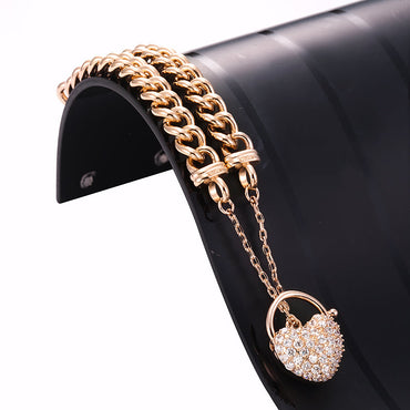 18ct Heavy Rose Gold Plated Euro Chain Bracelet Featuring a Simulated Diamond Locket - USA Made-1