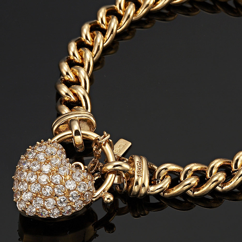 18ct Heavy Yellow Gold Plated Euro Chain Bracelet Featuring a Simulated Diamond Locket - USA Made-2