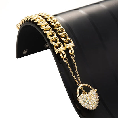 18ct Heavy Yellow Gold Plated Euro Chain Bracelet Featuring a Simulated Diamond Locket - USA Made-1
