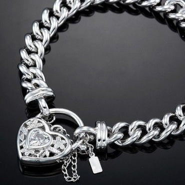 925 Sterling Silver Plated  Euro Chain Bracelet with a Filigree Locket Featuring a Simulated Diamond - USA Made-1