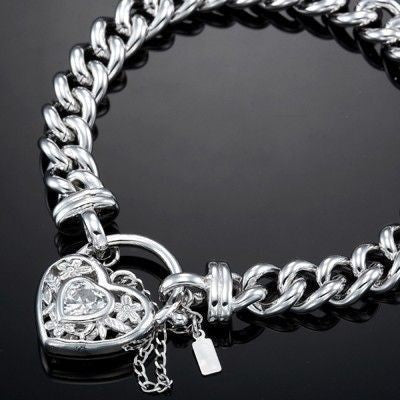 925 Sterling Silver Plated  Euro Chain Bracelet with a Filigree Locket Featuring a Simulated Diamond - USA Made-1