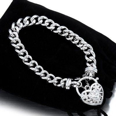 925 Sterling Silver Plated  Euro Chain Bracelet with a Filigree Locket Featuring a Simulated Diamond - USA Made-2