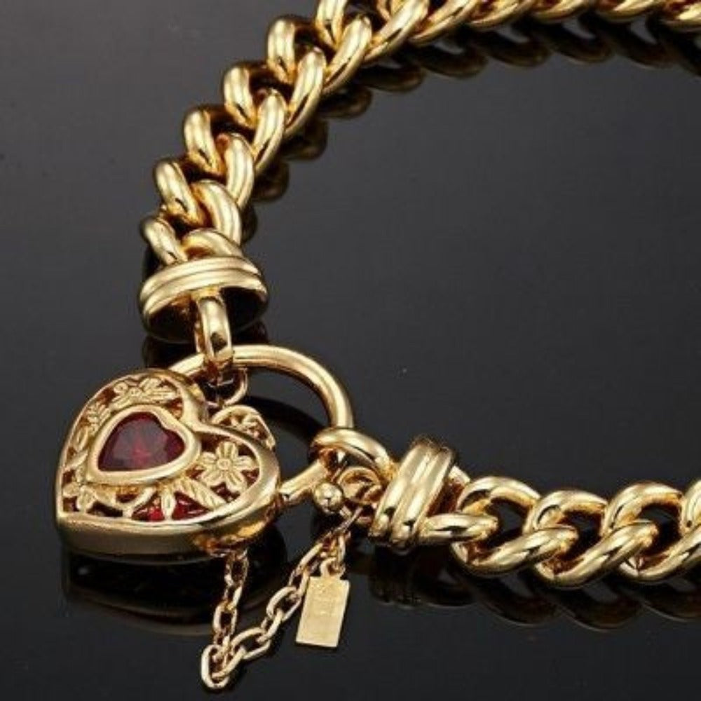 18ct Heavy Yellow Gold Plated  Euro Chain Bracelet with a Filigree Locket Featuring a Simulated Ruby - USA Made-4