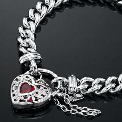 925 Sterling Silver Plated  Euro Chain Bracelet with a Filigree Locket Featuring a Simulated Ruby - USA Made-1