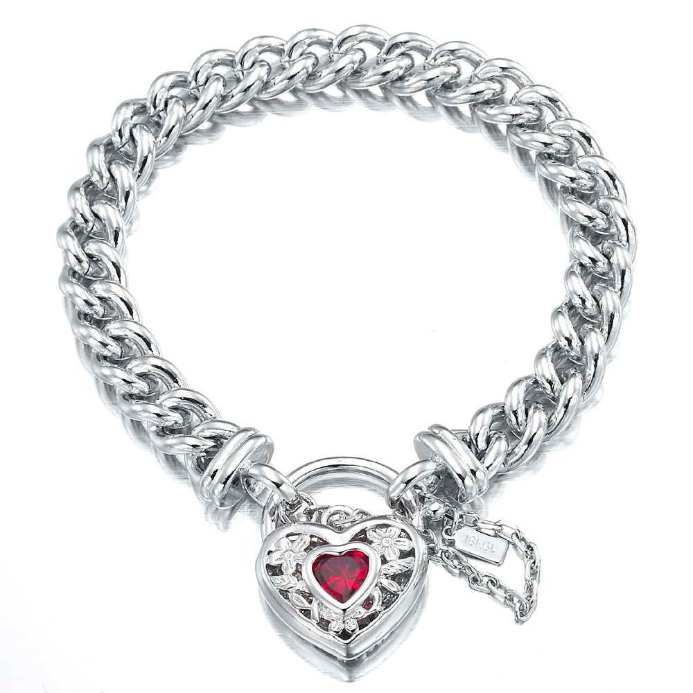 925 Sterling Silver Plated  Euro Chain Bracelet with a Filigree Locket Featuring a Simulated Ruby - USA Made-0