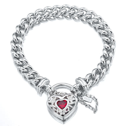 925 Sterling Silver Plated  Euro Chain Bracelet with a Filigree Locket Featuring a Simulated Ruby - USA Made-0