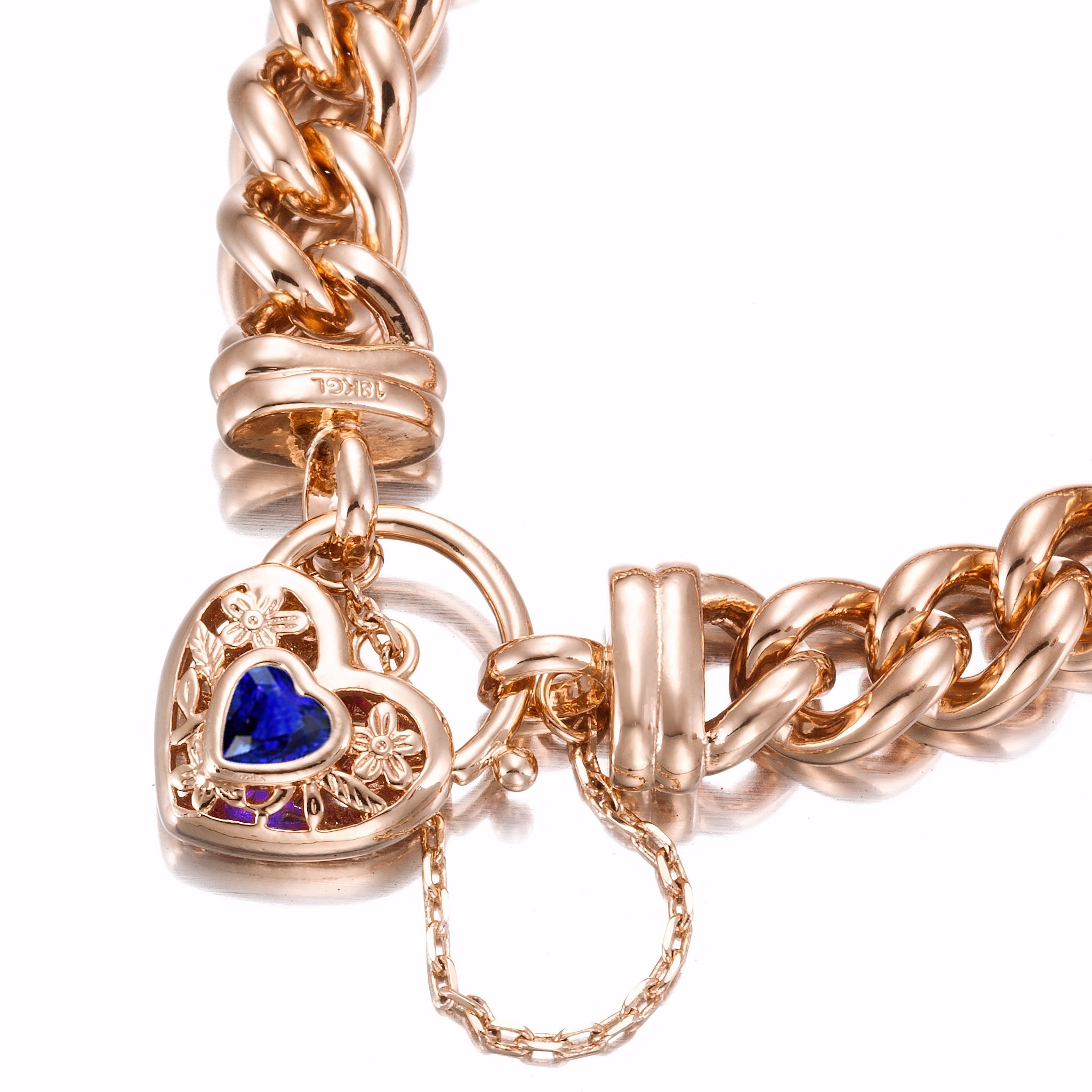 18ct Heavy Rose Gold Plated 12mm Euro Curb Chain Bracelet with a Dark Blue Filigree Locket - USA Made-2