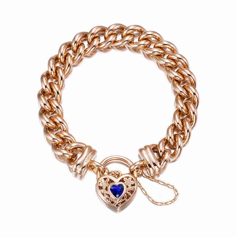 18ct Heavy Rose Gold Plated 12mm Euro Curb Chain Bracelet with a Dark Blue Filigree Locket - USA Made-0