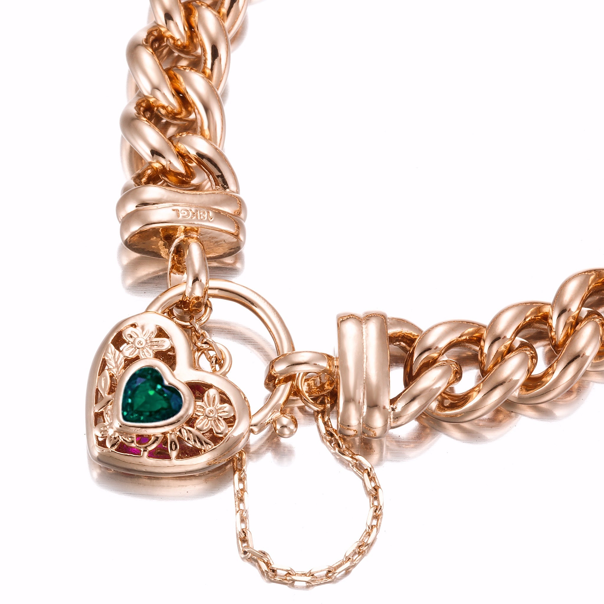 18ct Heavy Rose Gold Plated 12mm Euro Curb Chain Bracelet with a Green Filigree Locket - USA Made-2