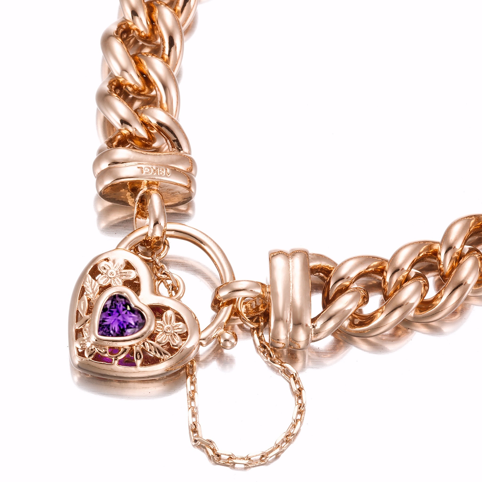 18ct Heavy Rose Gold Plated 12mm Euro Curb Chain Bracelet with a Purple Filigree Locket - USA Made-2