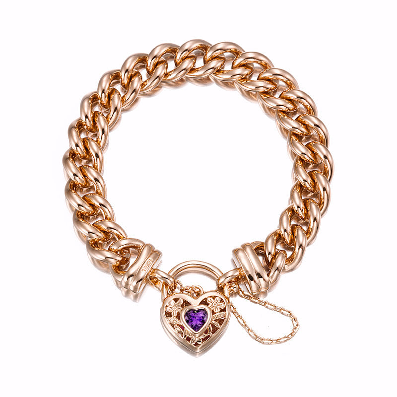 18ct Heavy Rose Gold Plated 12mm Euro Curb Chain Bracelet with a Purple Filigree Locket - USA Made-0