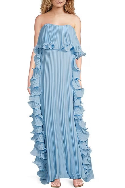 Badgley Mischka Strapless Back Concealed Zip Hook Ruffled Pleated Chiffon Shift Gown Silhouette Dress-0