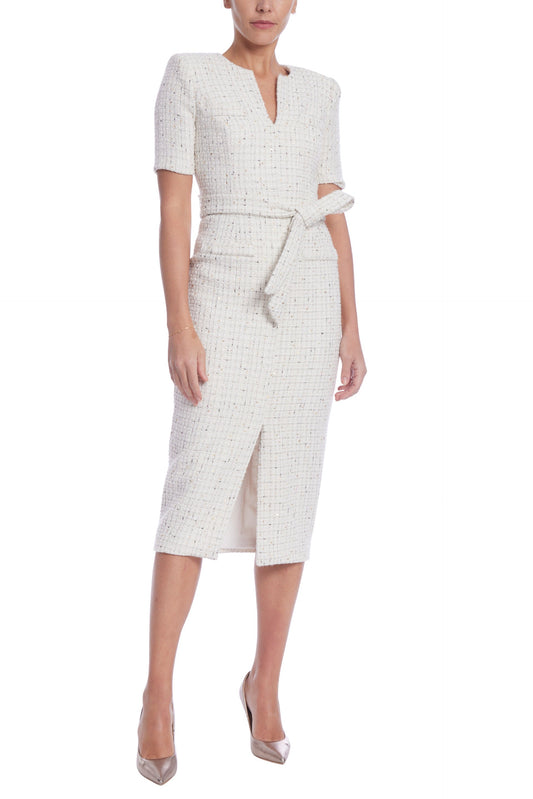 Badgley Mischka V-Neckline Short Sleeve Front-Tie Sash Tweed Midi Dress-0