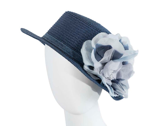 Straw navy hat with silk flower-0