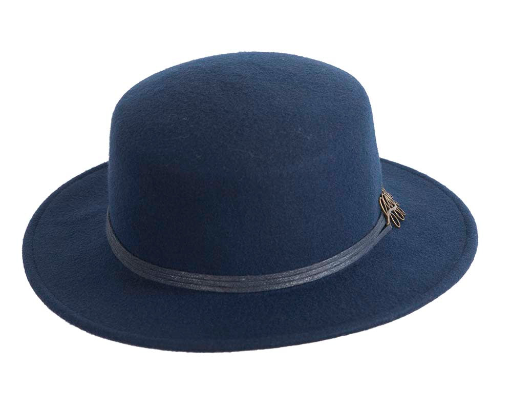 Wide brim navy ladies winter black felt boater by Cupids Millinery